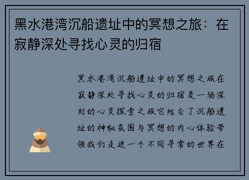 黑水港湾沉船遗址中的冥想之旅：在寂静深处寻找心灵的归宿